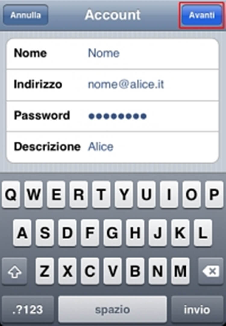 CONFIGURAZIONE ALICE MAIL SU IPHONE AVANTI