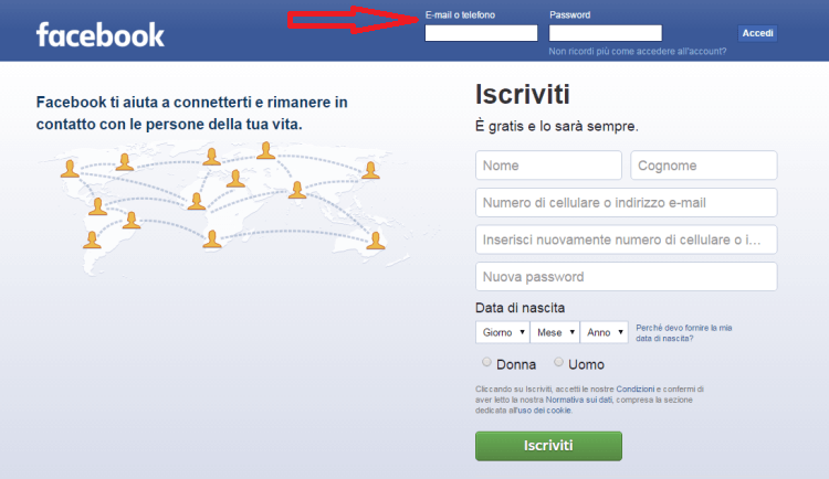 facebook login accesso diretto con telefono o nome account