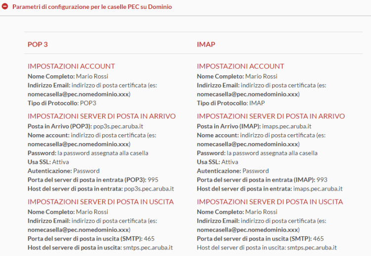 PARAMETRI CONFIGURAZIONE CASELLE PEC SU DOMINIO aruba mail PARAMETRI CONFIGURAZIONE CASELLE PEC SU DOMINIO aruba mail